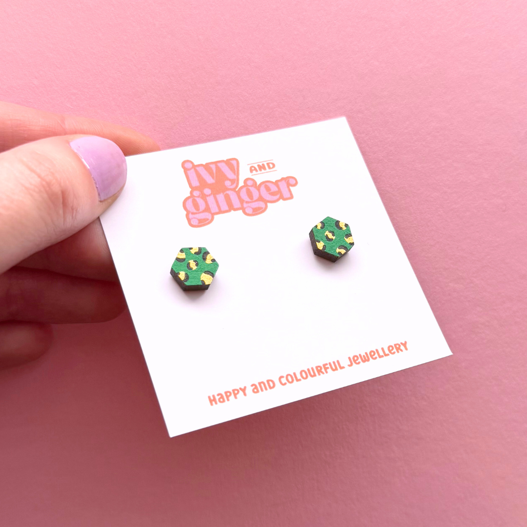 Mini green and gold hexagon leopard print stud earrings
