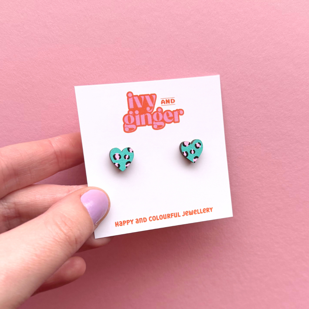 Mini leopard print heart green and pink stud earrings