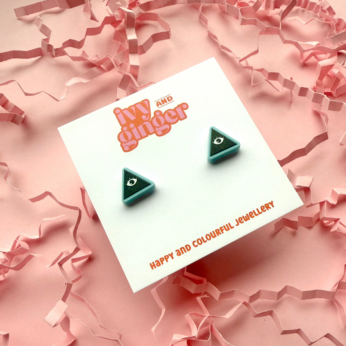 Blue all seeing eye triangle stud earrings