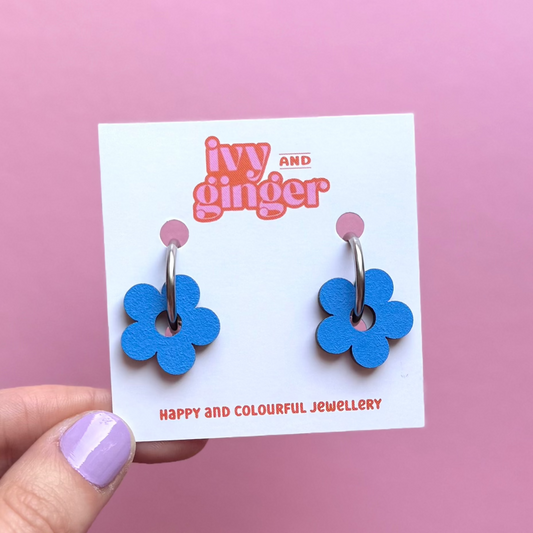 Blue flower hoop earrings