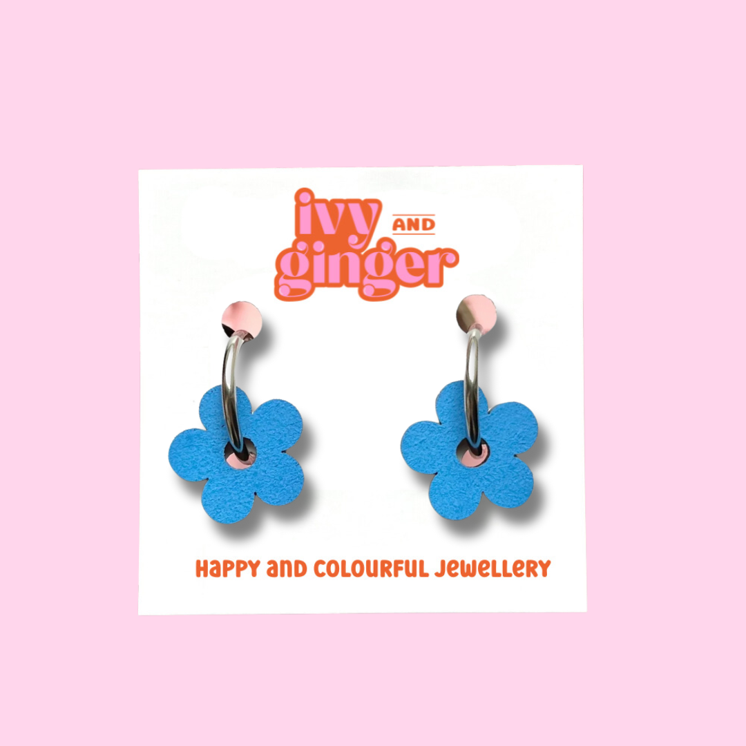 Blue flower hoop earrings