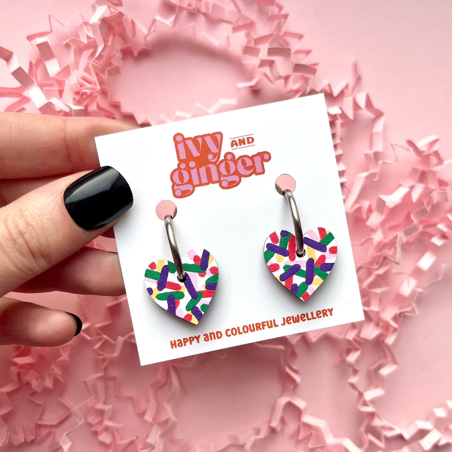Small confetti heart hoop earrings