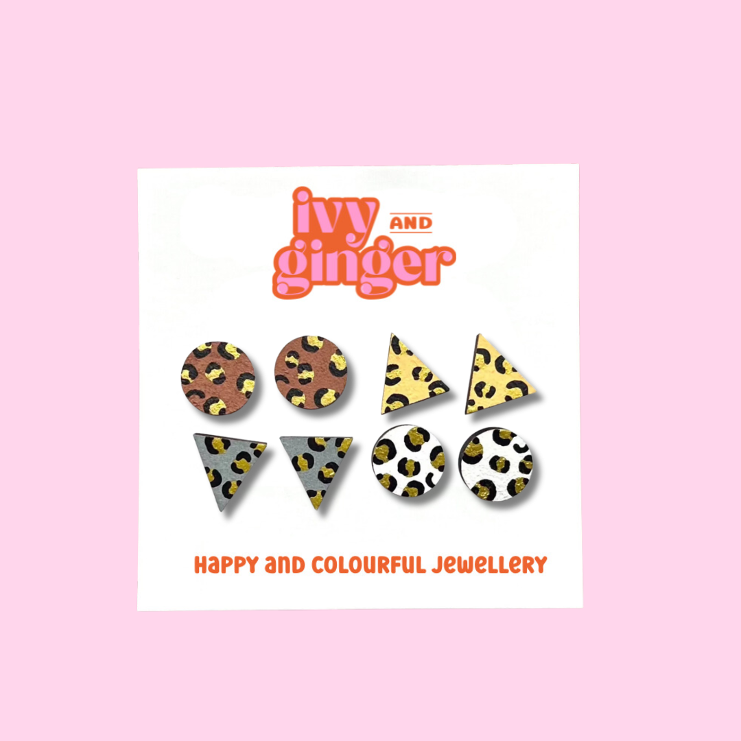 Gold leopard four piece stud earring set