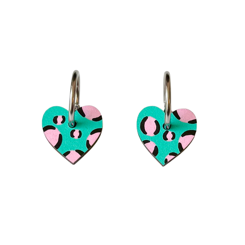 Green and pink leopard print small heart hoop earrings