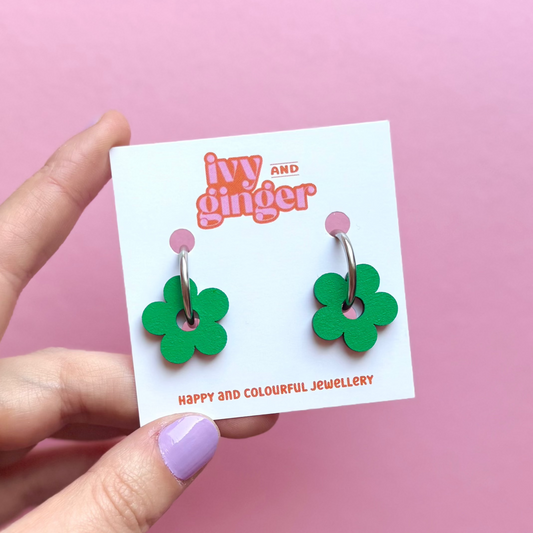 Green flower hoop earrings