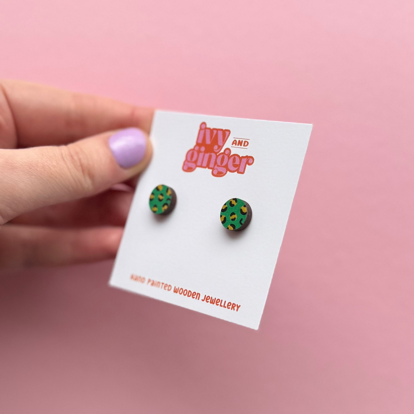 Green and gold leopard print circle stud earrings