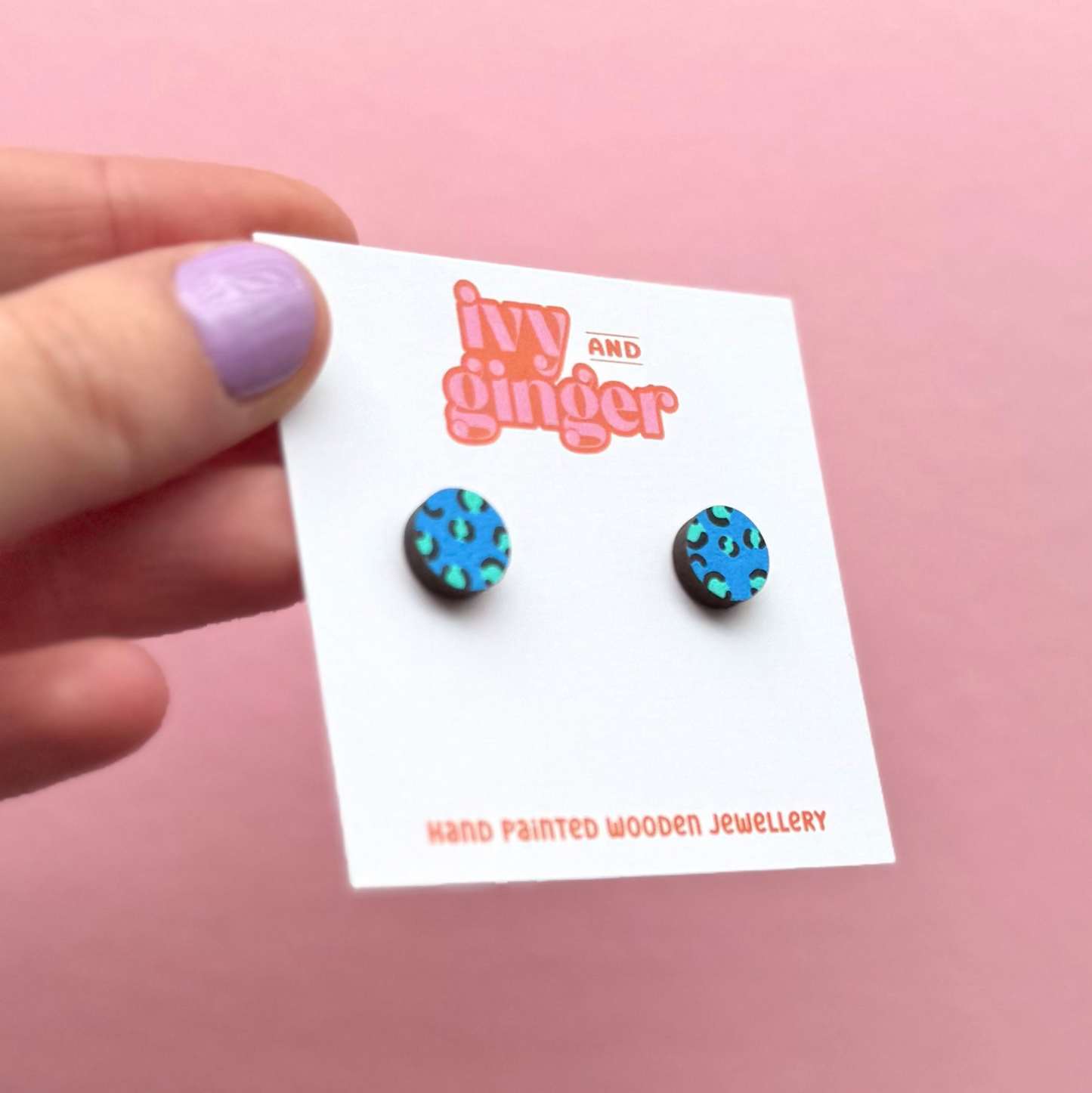 Blue and teal leopard print circle stud earrings