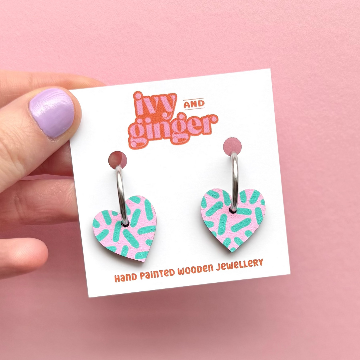 Pink and teal dash print small heart hoop