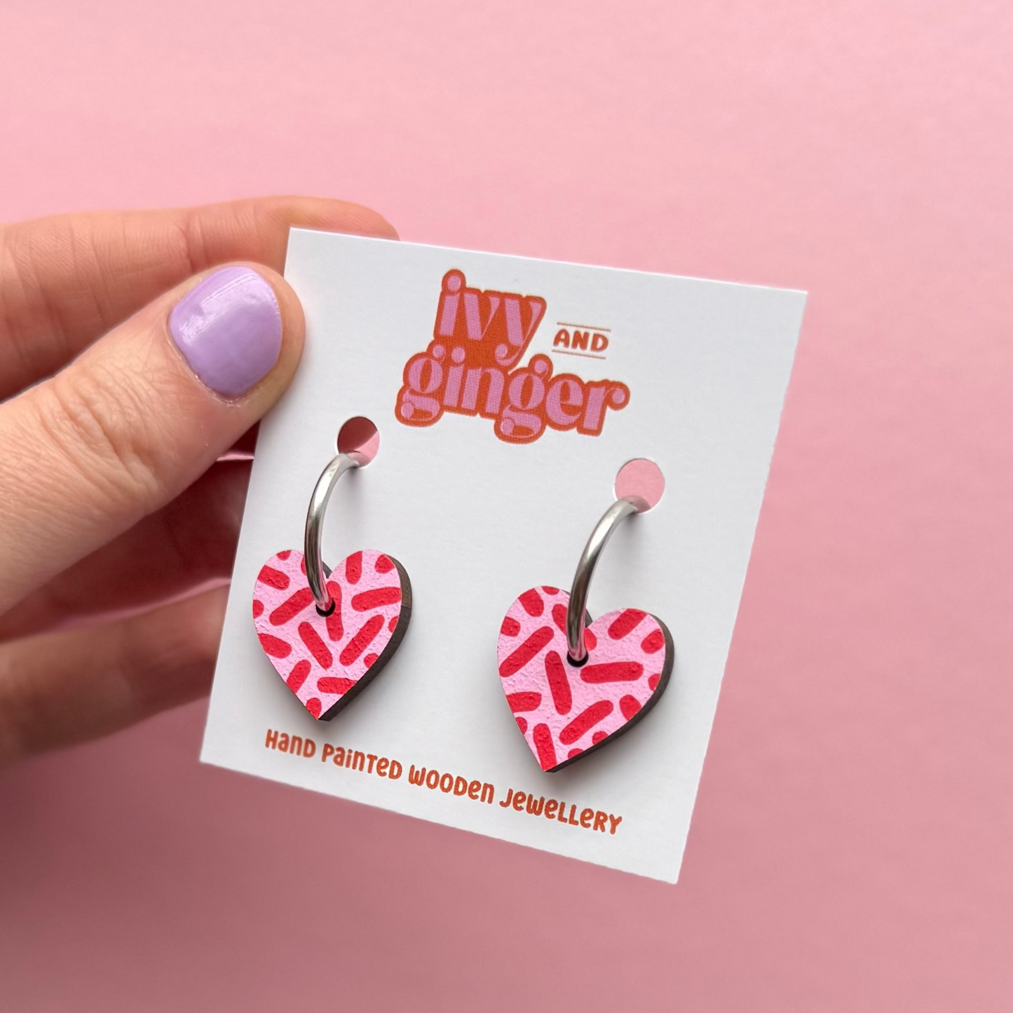 Pink and red dash print small heart hoop