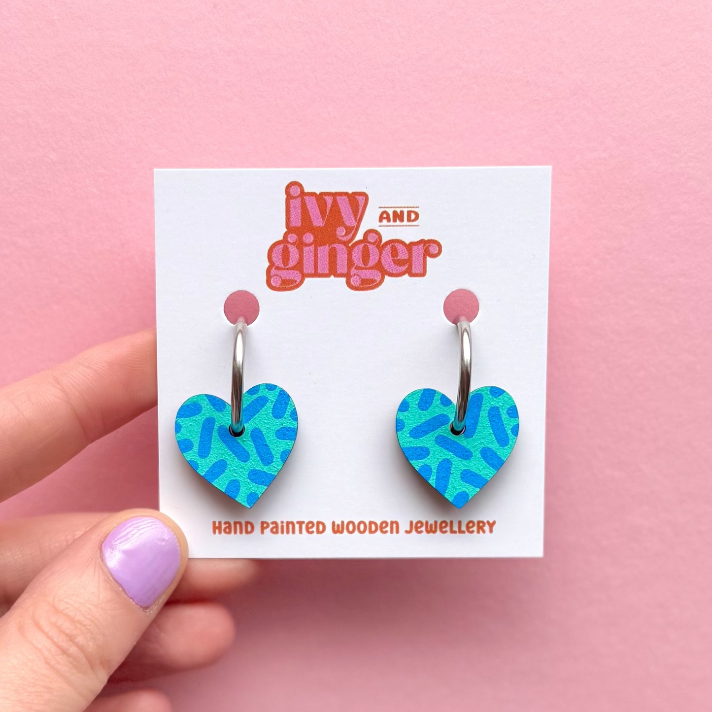 Teal and sky blue dash print small heart hoop