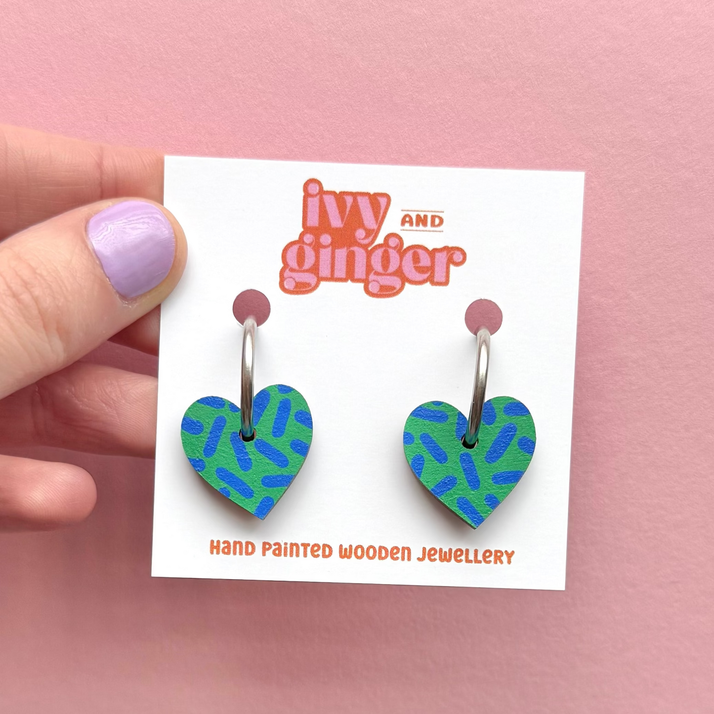 Green and blue dash print small heart hoop