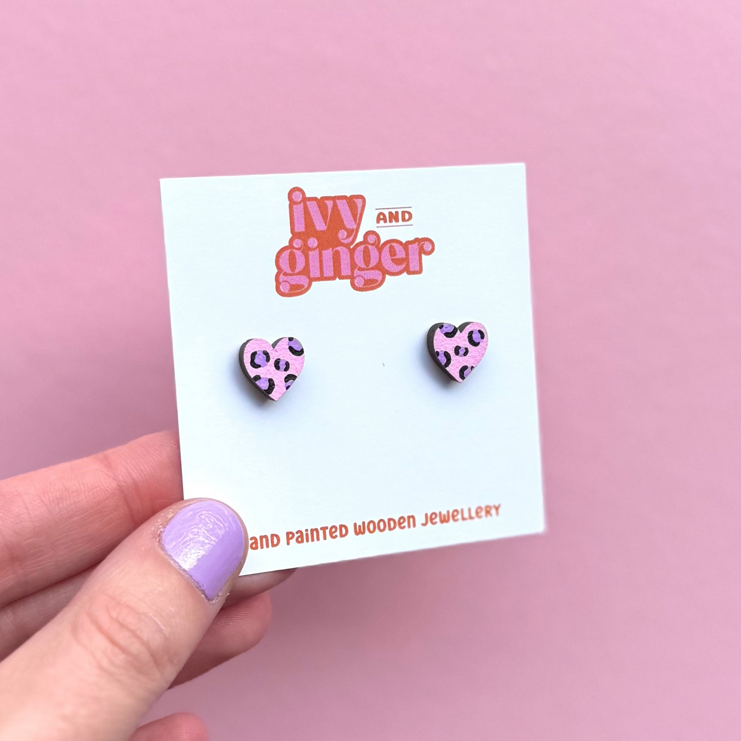 Mini leopard print heart pink and purple stud earrings