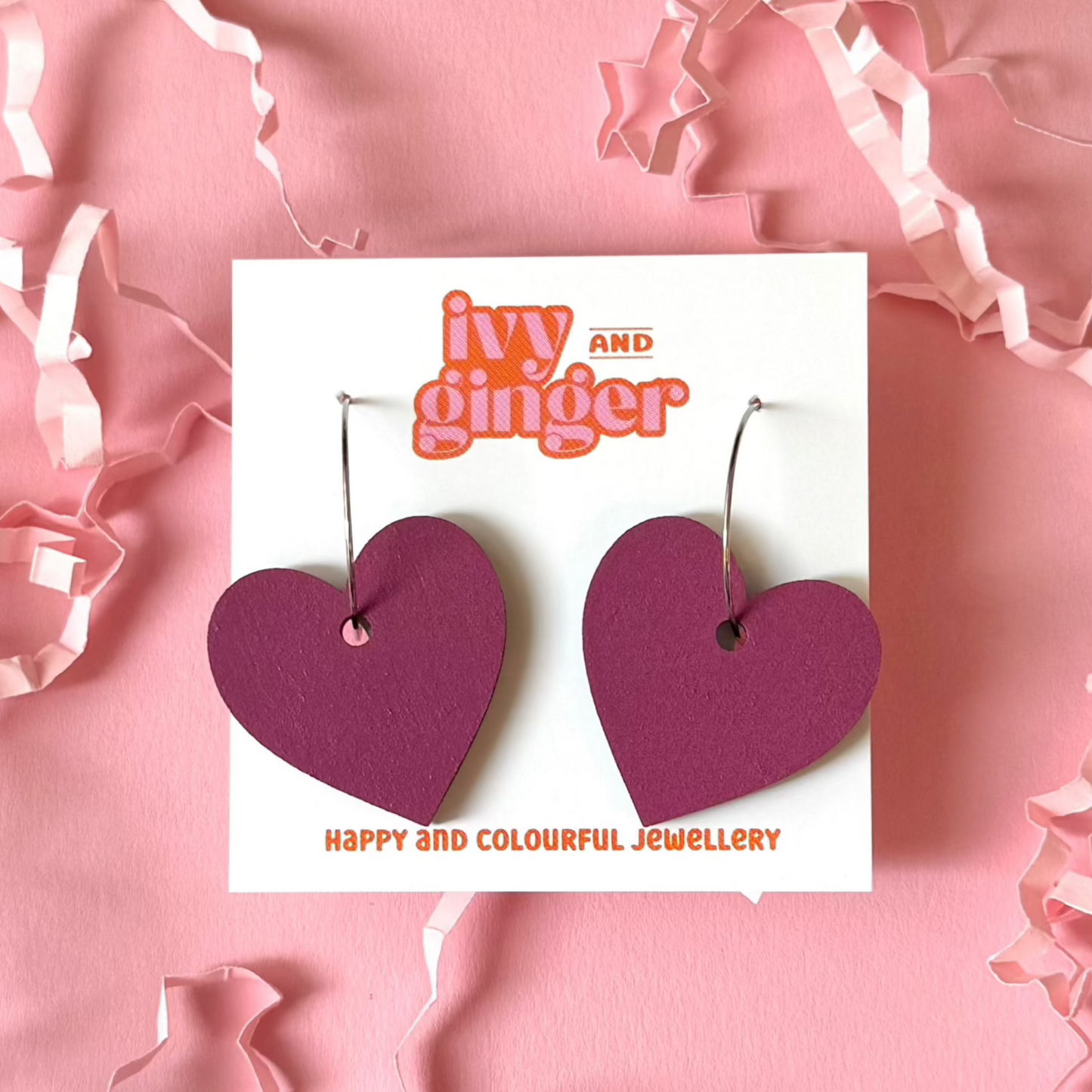 Large burgundy statement heart hoop earrings