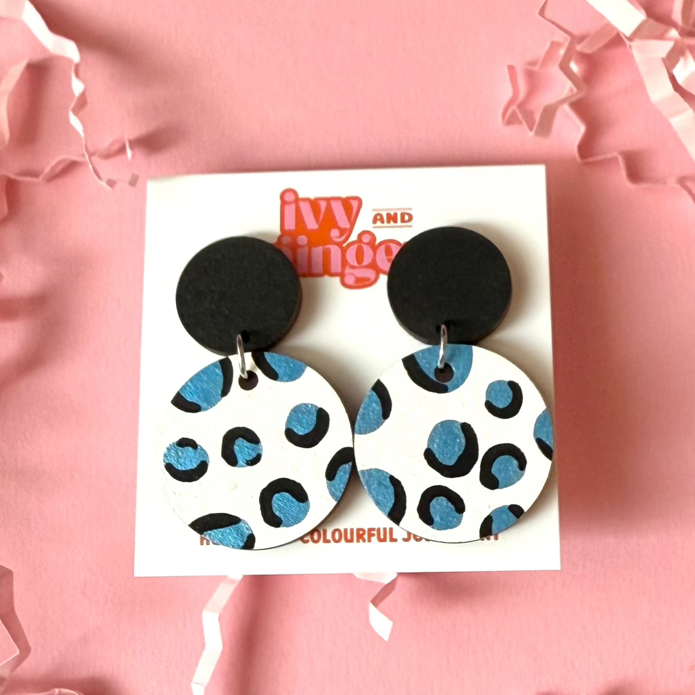 ONE OFF DESIGN: Metallic blue leopard drop dangle statement earrings