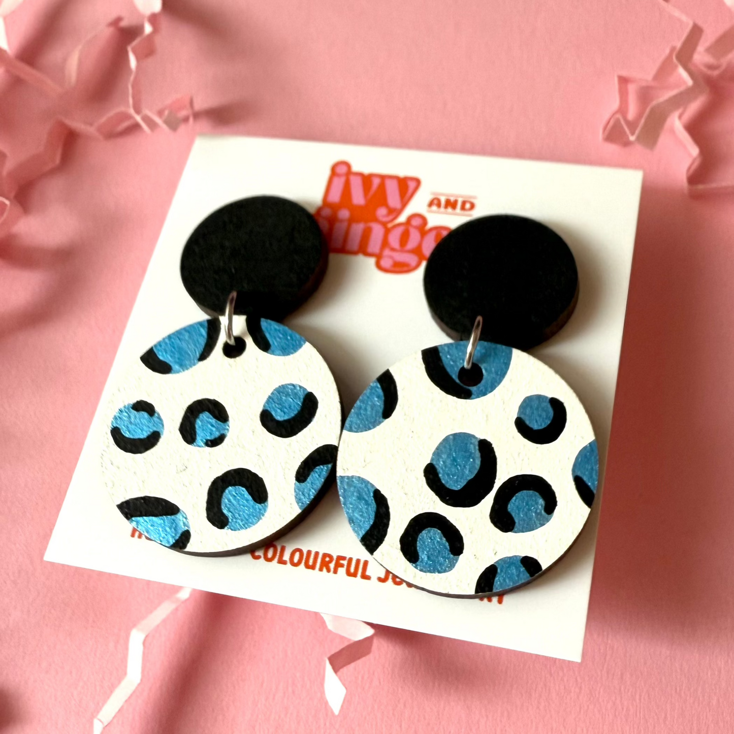 ONE OFF DESIGN: Metallic blue leopard drop dangle statement earrings