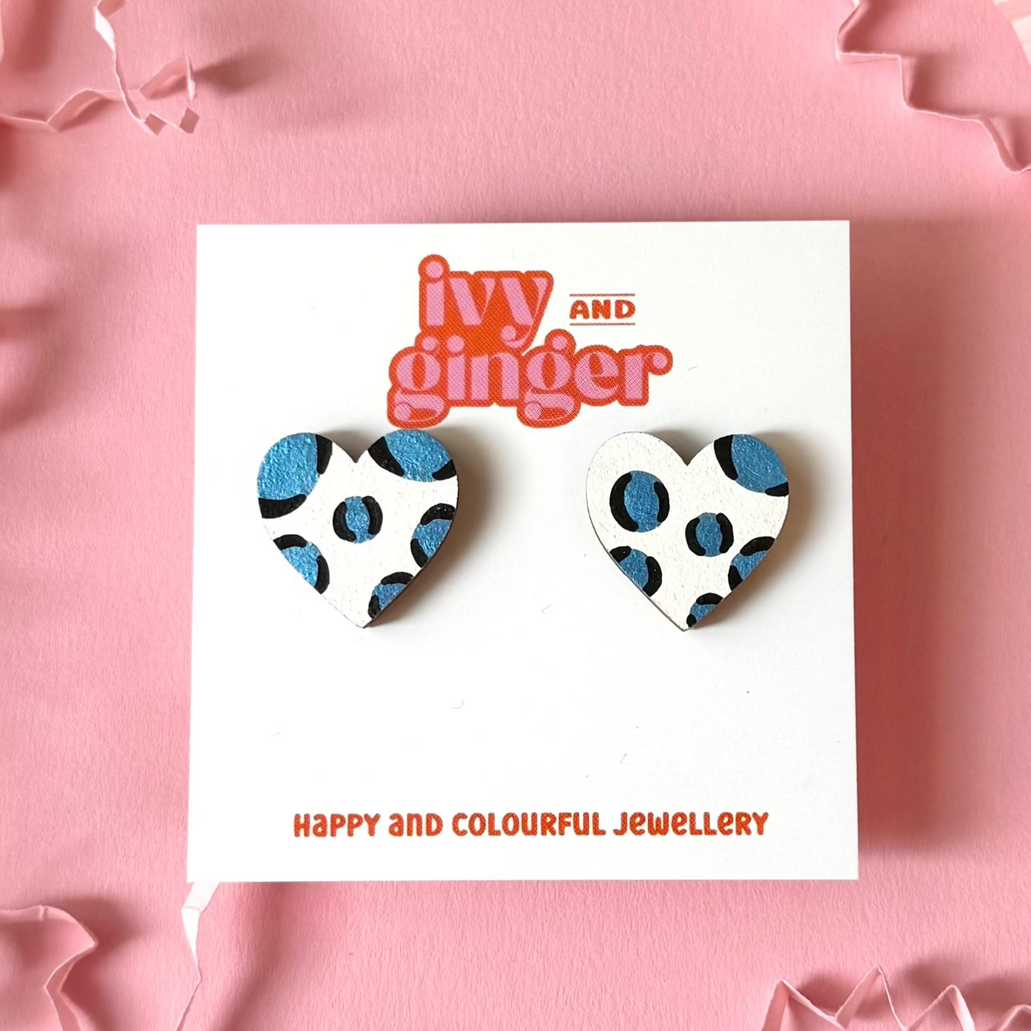 ONE OFF DESIGN: Large metallic blue leopard print heart stud statement earrings