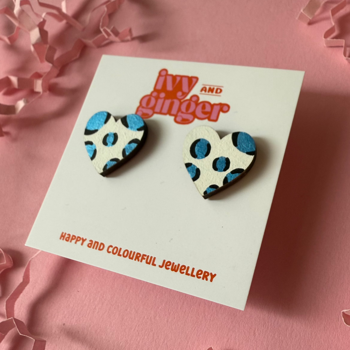 ONE OFF DESIGN: Large metallic blue leopard print heart stud statement earrings