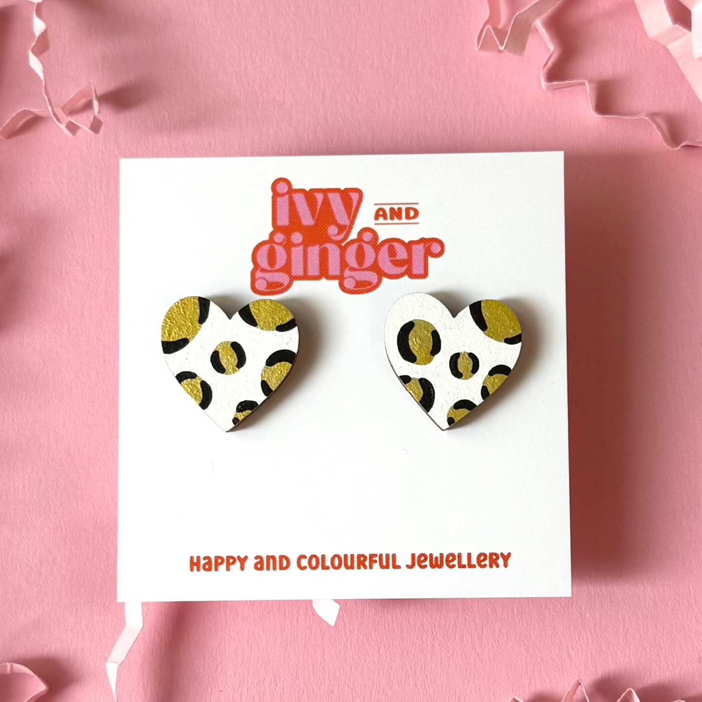 ONE OFF DESIGN: Large metallic gold leopard print heart stud statement earrings