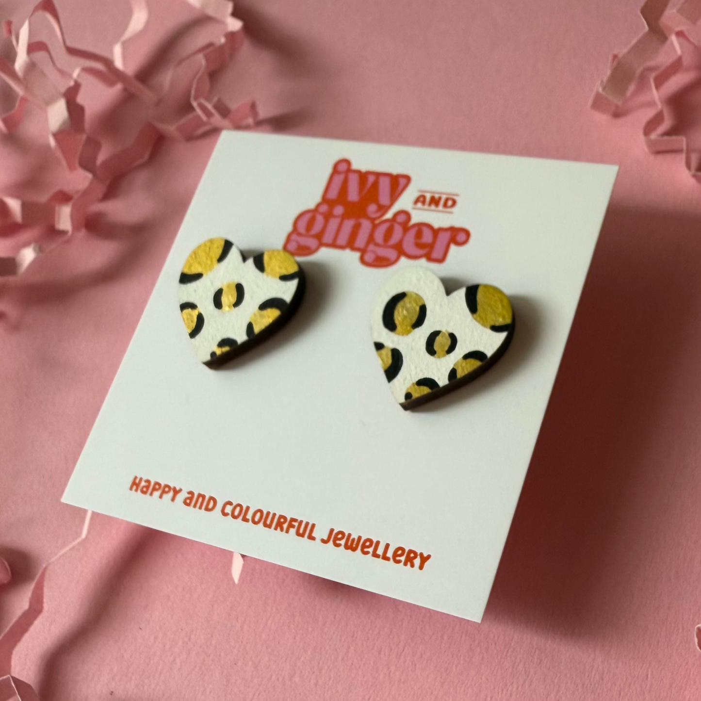 ONE OFF DESIGN: Large metallic gold leopard print heart stud statement earrings