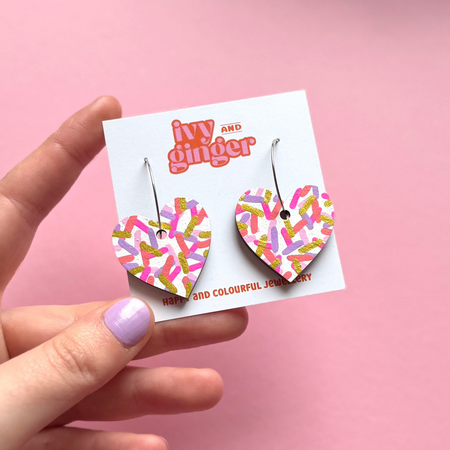 Large pink confetti heart hoop earrings