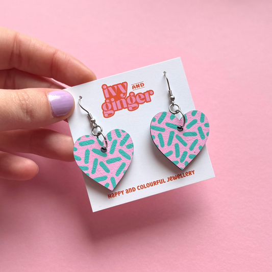 Pink and mint dash drop heart earrings