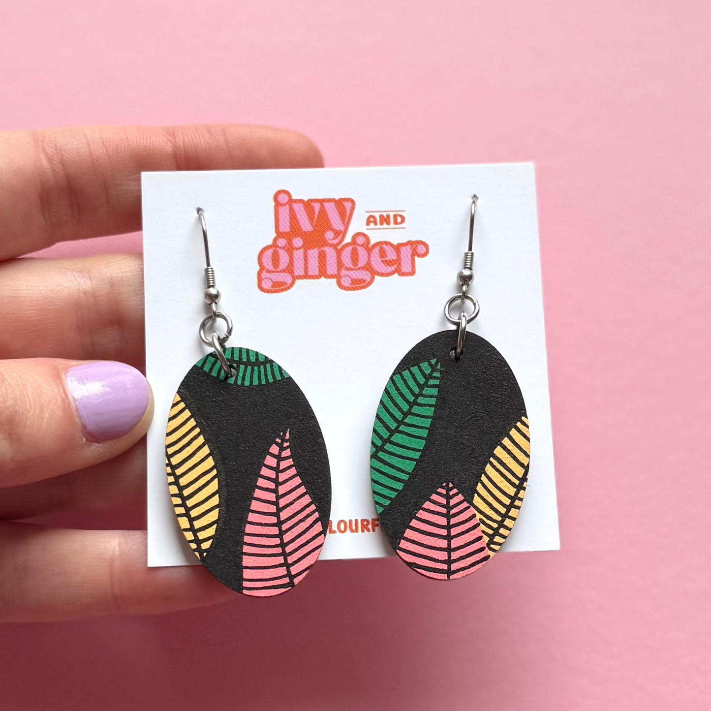 Leaf print oval dangle earrings
