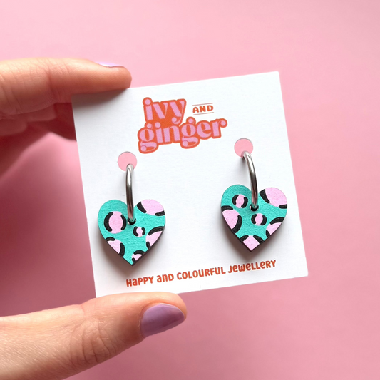 Green and pink leopard print small heart hoop earrings