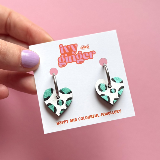 Metallic green leopard print small heart hoop earrings