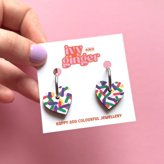 Small confetti heart hoop earrings