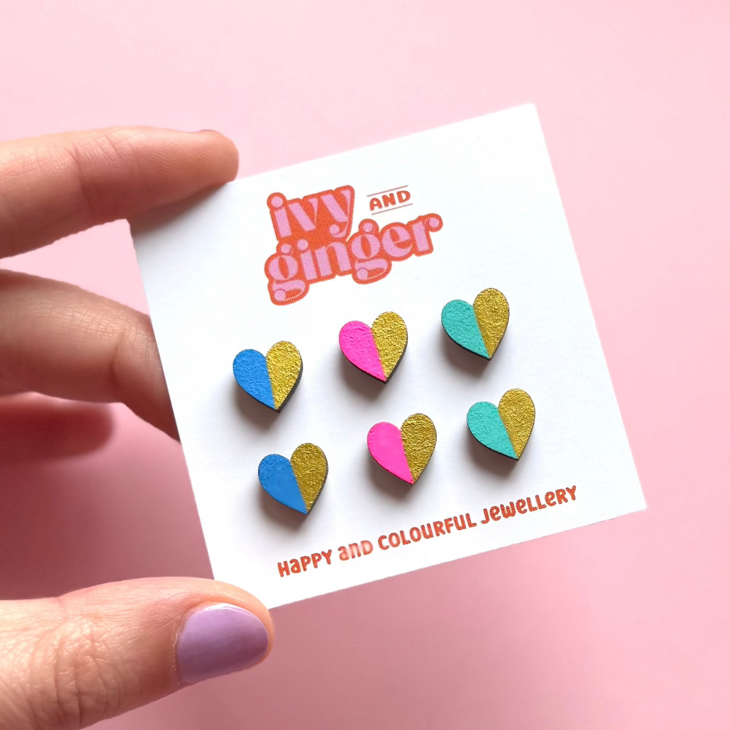 Gold edge bright hearts stud earrings set