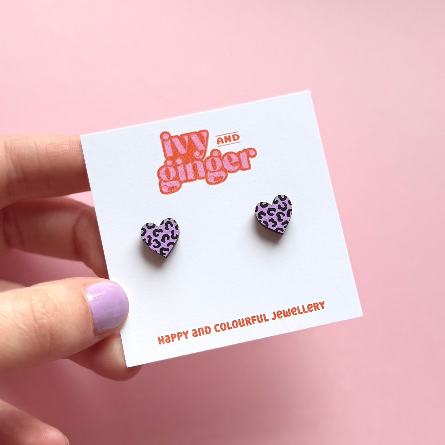 Mini lilac and black leopard print heart studs