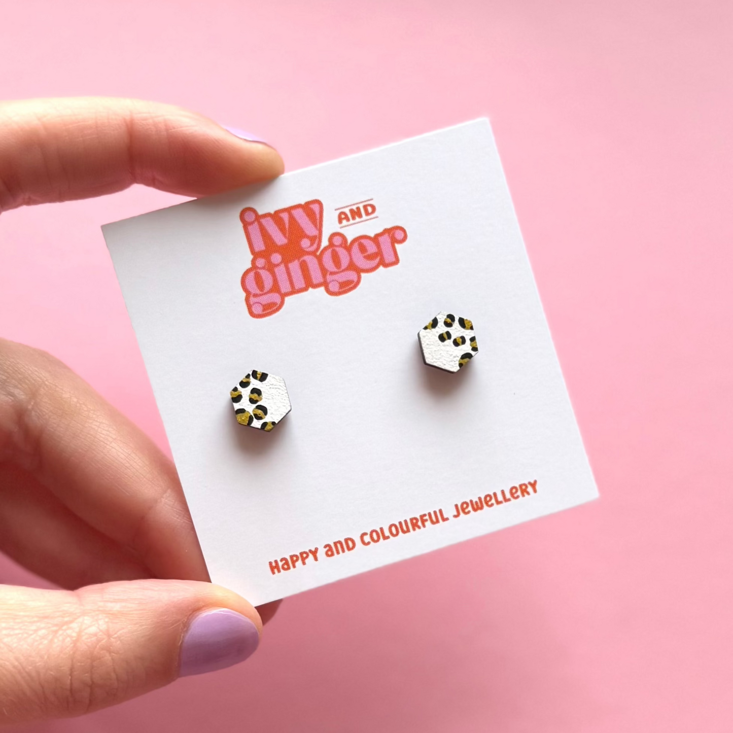 Mini white and gold faded style hexagon leopard print stud earrings