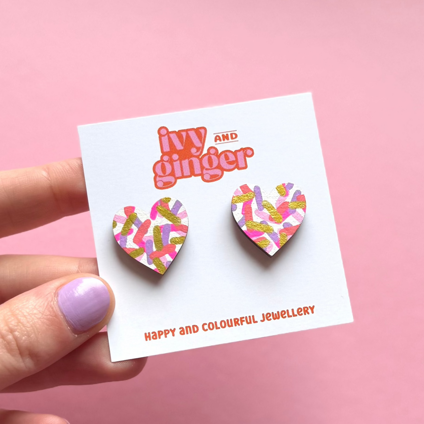 Pink confetti large heart stud earrings