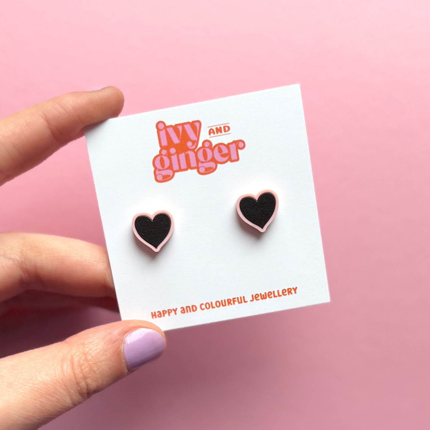 Midi black and pink heart stud earrings