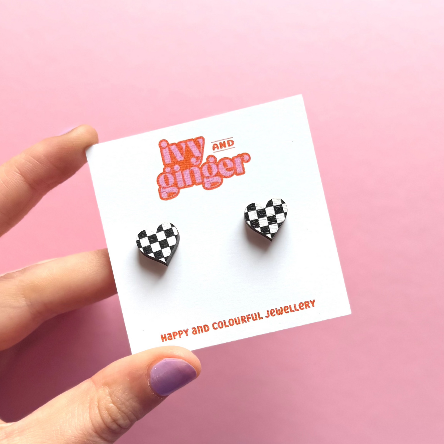 Midi checkerboard print heart stud earrings