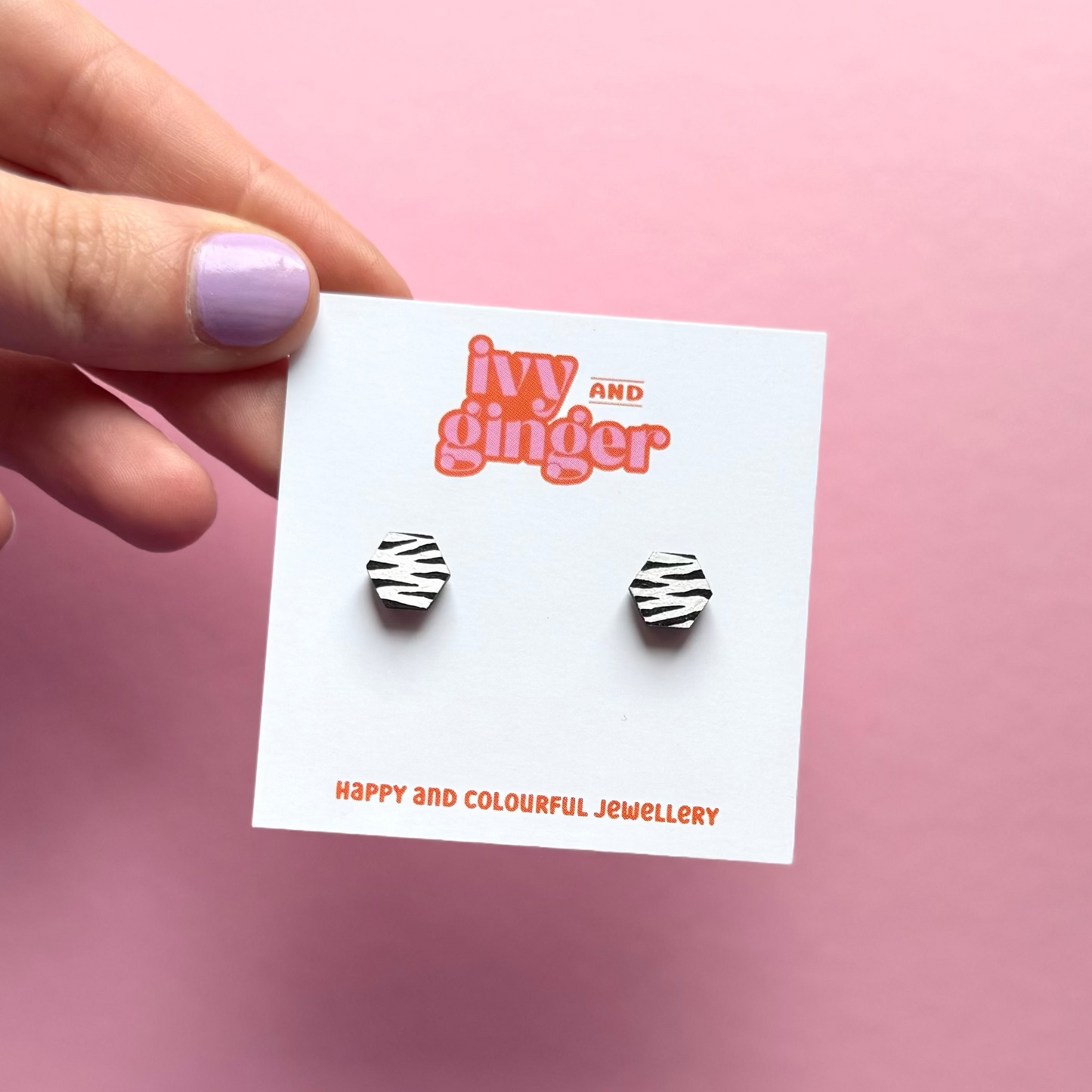 Mini hexagon zebra print stud earrings
