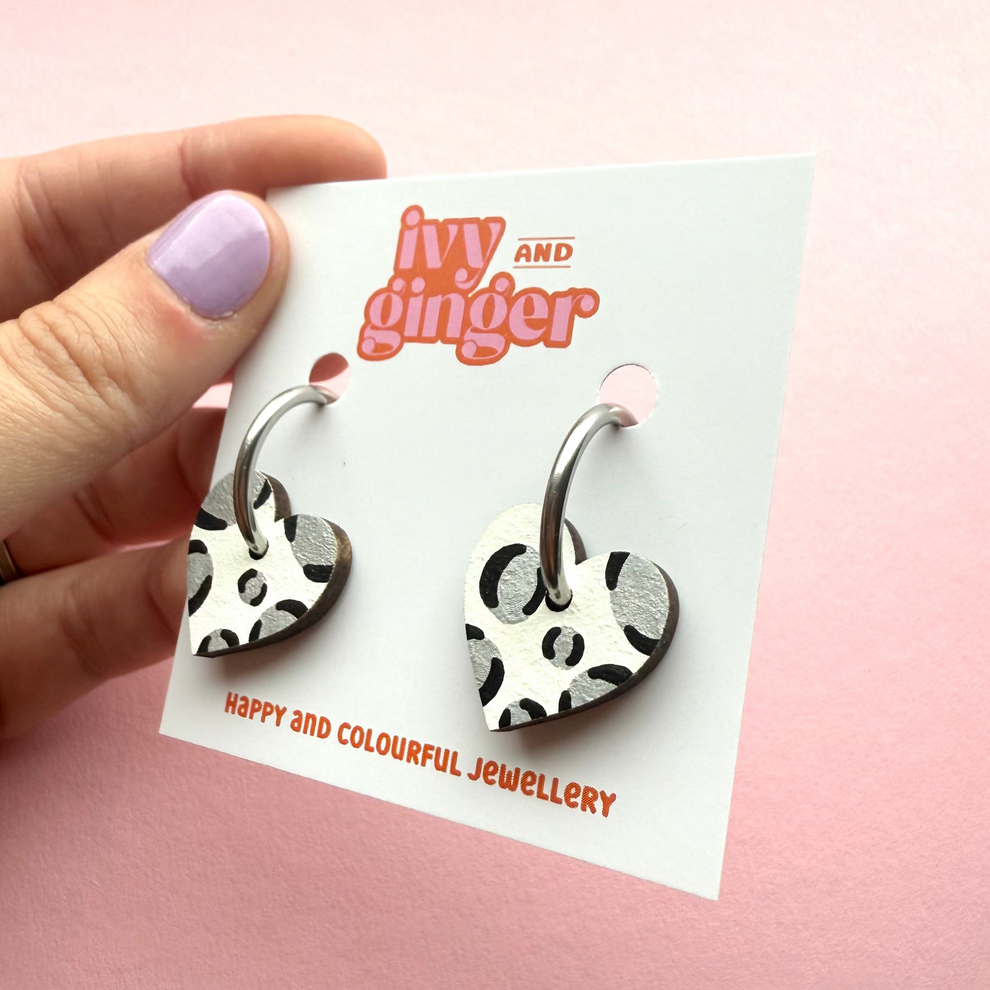 Metallic silver leopard print small heart hoop earrings