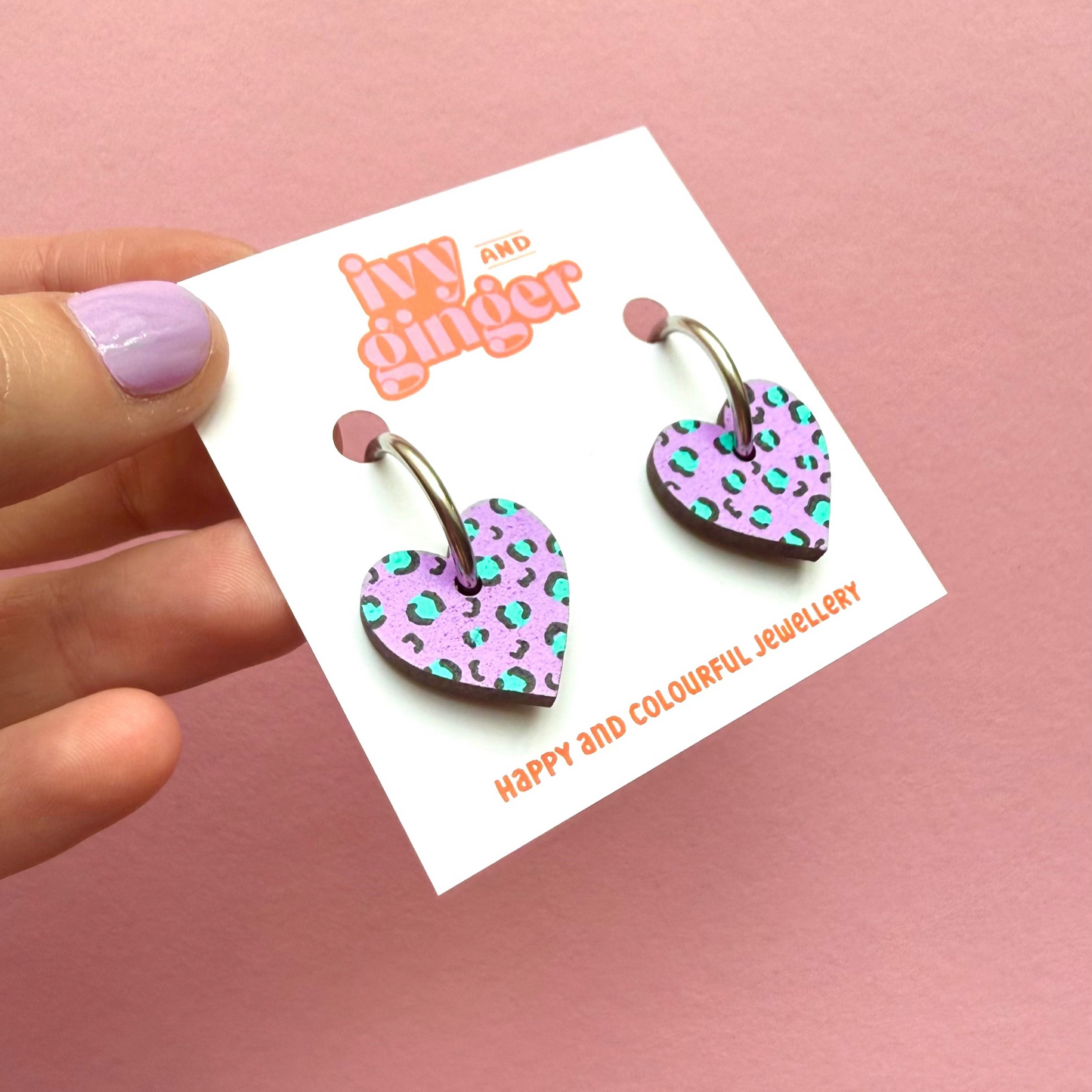 Lilac and teal leopard print small heart hoop earrings