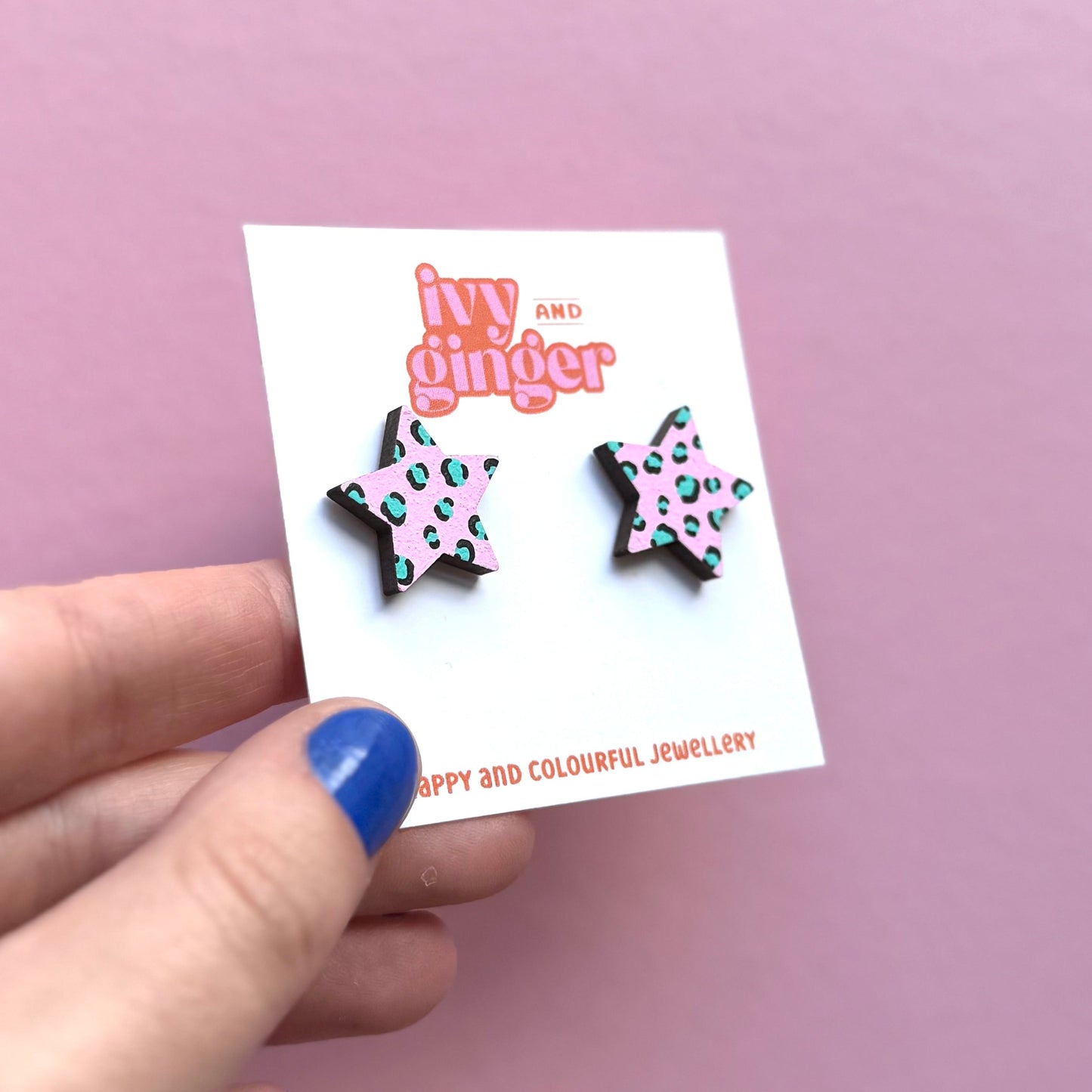 Pink and teal leopard print star stud earrings