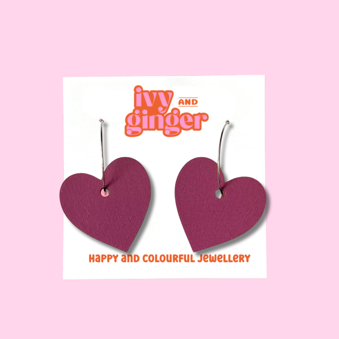 Large burgundy statement heart hoop earrings