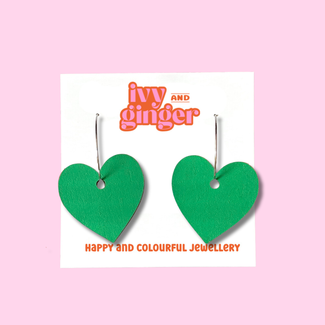 Large green statement heart hoop earrings