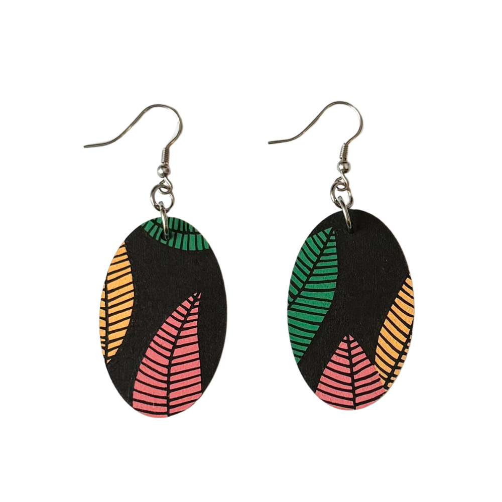 Leaf print oval dangle earrings