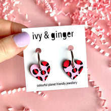 Load image into Gallery viewer, Light pink and red leopard print heart hoop earrings
