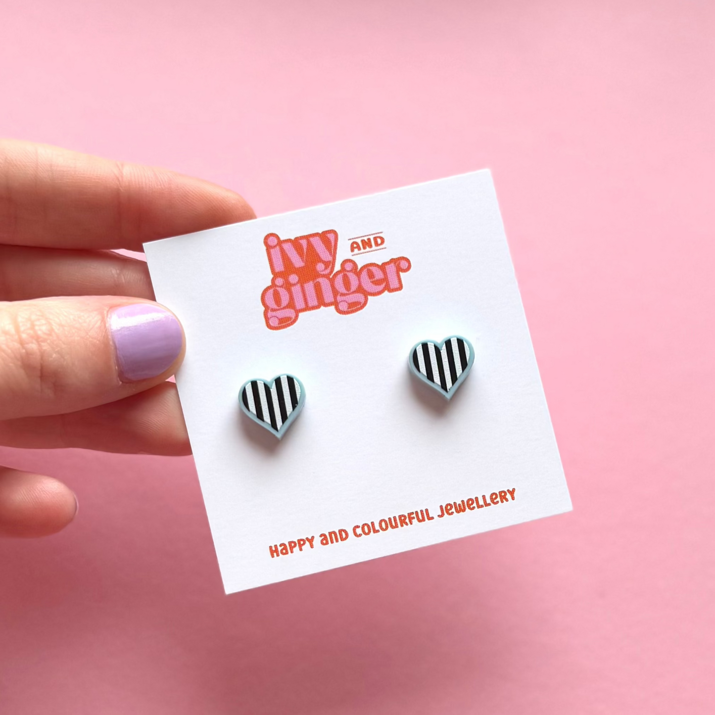 Midi pastel blue monochrome stripe heart stud earrings