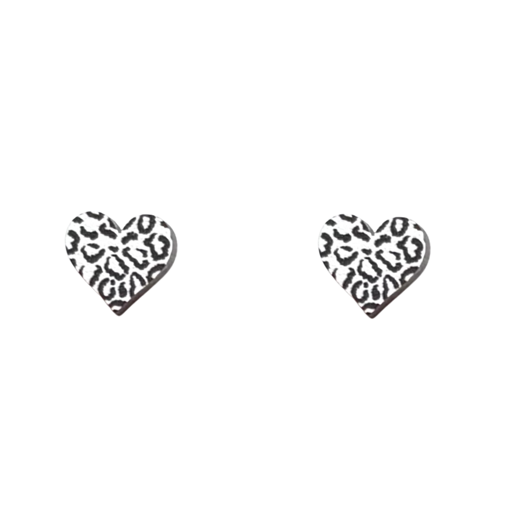 Midi black and white leopard print heart stud earrings