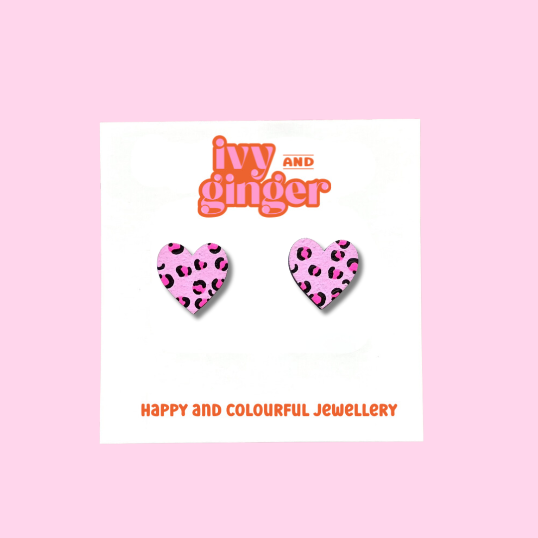 Midi neon pink leopard print heart stud earrings