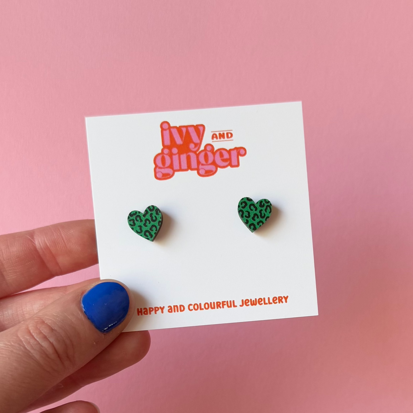 Mini green and black leopard print heart stud earrings