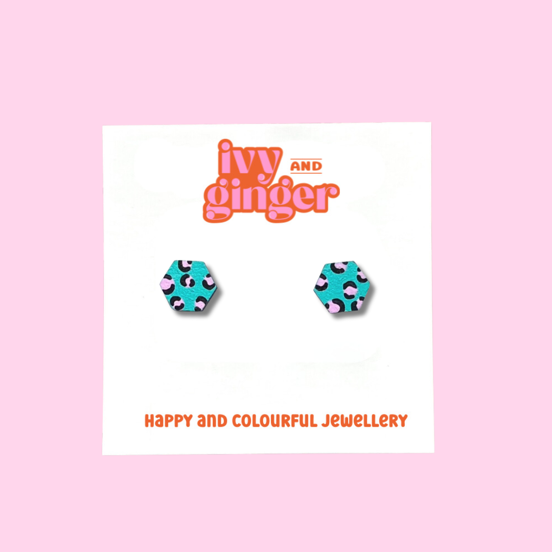 Mini green and pink leopard print hexagon stud earrings