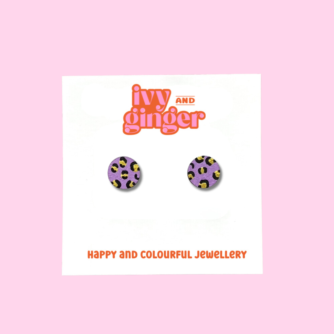 Mini leopard print circle lilac and gold stud earrings