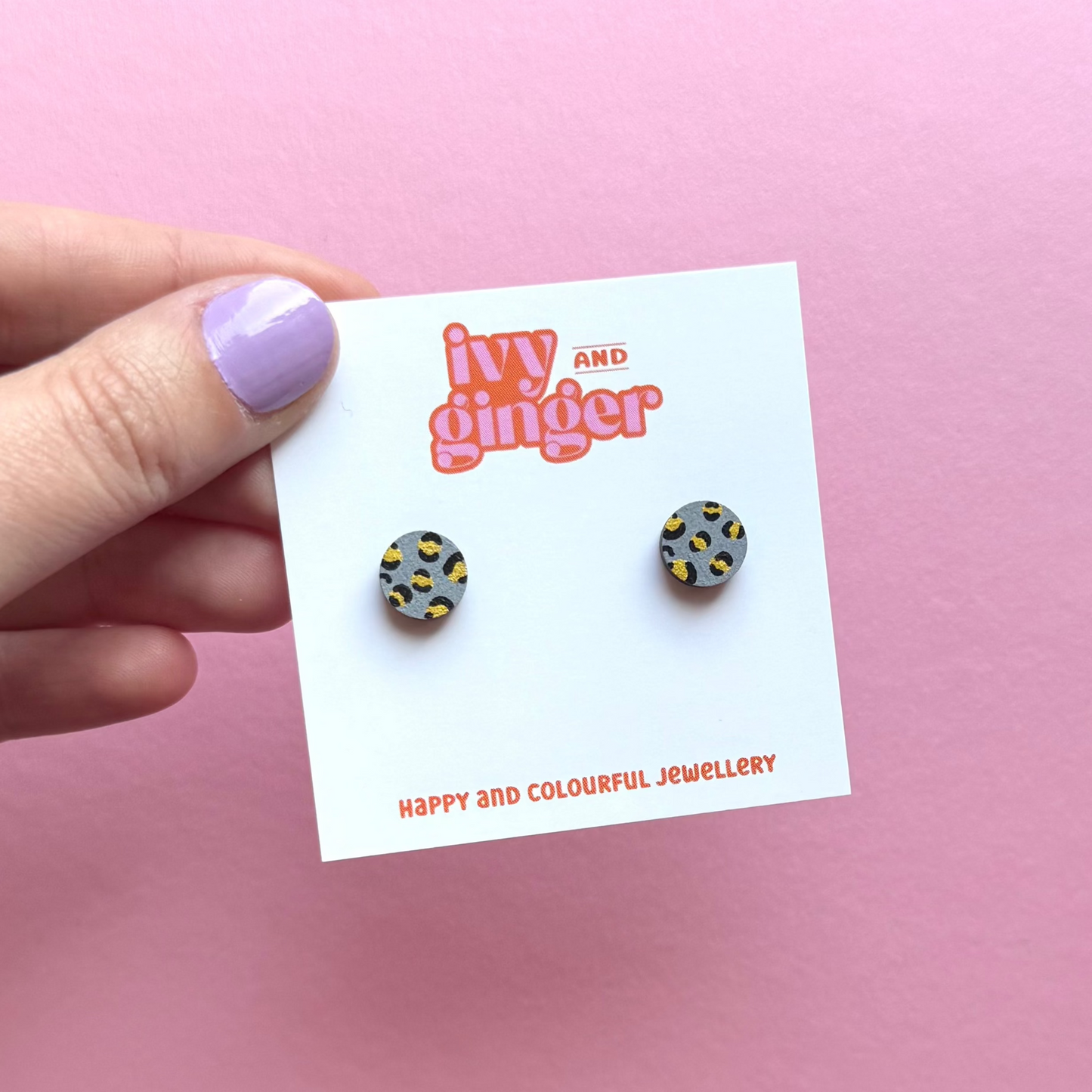 Mini leopard print circle studs grey and gold